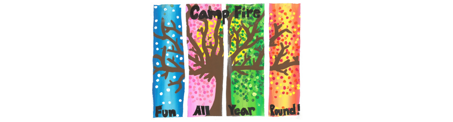 Colorful painting of a tree in all four seasons with the words Camp Fire, Fun All Year Round