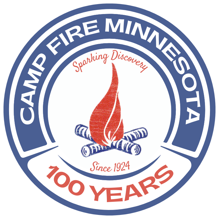 Circular blue and red logo with a vintage campfire illustration and the words Camp Fire Minnesota - 100 Years: Sparking Discovery since 1924